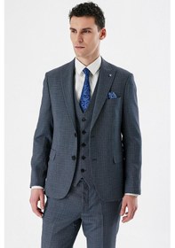 Resim İmza Koyu Lacivert Desenli Kırlangıç Yaka Yelekli 6 Drop Slim Fit Dar Kesim Klasik Takım Elbise 1001240157-koyu Lacivert Koyu Lacivert 