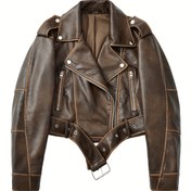 Resim Kadınlar için Vintage Ceket - Kısaltılabilir Beli, Yaka Detaylı ve Fermuarlı Kapatma Altın Ton Donanım, Bol Oversize Kalıp (Kahverengi) Bahar/Sonbahar İlkbaharda Günlük Dış Giyim Makinede yıkanabilen Sahte Şık Palto 