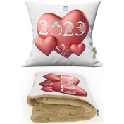 Resim 2023 Yıl Dönümü Hediyesi Baskılı Kişiye Özel Opsiyonel Battaniyeli Yastık Kırlent 2 in 1 