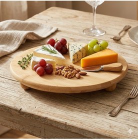 Resim Mien 32 Cm Bambu Top Ayaklı Sunumluk Doğal Ahşap Servis Tabağı, Şık Sunum Tepsisi Açık Kahverengi 
