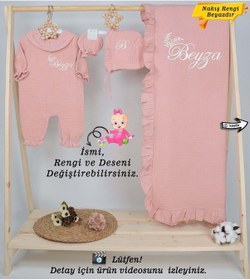 Resim Gros Shop Yakalı Müslin Kumaş Hastane Çıkış Mevlüt Seti %100 Pamuk Organik Kişiye Özgü İsimli Nakış Desenli Pembe-2 