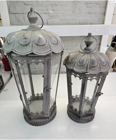 Resim ALANYA HOME DECOR Decorative Lanterns 2 Pcs METAL MAT GRİ ESKİTME 2 li BÜYÜK FENER 