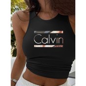 Resim Kadınlar için Kolsuz Calvin Grafik Tank Üstü - Yumuşak ve Rahat İlkbahar/Yaz Crop Top, Şık Gradyan Harf Baskısı ile Evde veya Dışarıda Rahat Giyim İçin Mükemmel, Sporcu Tank Üstü | Kolsuz Crop Top | Parlak Dokulu 