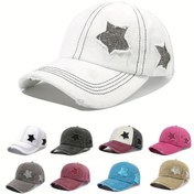 Resim 1 Adet Unisex Vintage Yıkanmış Glitter Yıldız Nakışlı, Ayarlanabilir Snapback Kapatmalı, Nefes Alabilen Kumaş ve Distressed Detaylar - Çok Renk Seçeneği, Dış Mekan Günlük Tatil Şapkası, Sokak Giyim Aksesuarı 