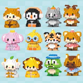 Resim Halloween, Şükran Günü, Yılbaşı ve Doğum Günleri için hediye olarak uygun olan, eğitim amaçlı kullanılabilen, leon, keçi, tavuk, fil, hamster, penguen, at, timsah, rhinoceros, geyik, ayı ve tigere ait hayvan modeli montaj blokları 