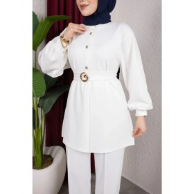 Resim Weak Blue Kemer Detaylı Tesettür Ikili-Düğmeli Tunik Bol Paça Şık Günlük Kombin 