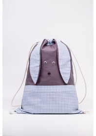 Resim Fabric Craft Bag Tavşan Figürlü Çocuk Bez Çanta Mavi Kareli 33x45 Cm Büzgülü Koyu Gri 