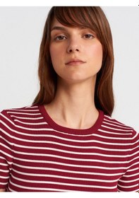 Resim Dilvin 10758 Bisiklet Yaka Çizgili Basic Triko Bluz-bordo-ekru Bordo-ekru 