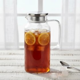 Resim Borosilikat Cam Sürahi - Silikon Contalı Süzgeçli Metal Kapaklı | Konik, Fitilli ve Düz Model Seçenekleri | Dayanıklı Şeffaf Karaf (1800 ml - 2000 Ml) (Düz - 2000ML) 
