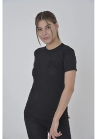 Resim Kadın File Cepli T-shirt Kısa Kol Bisiklet Yaka Slimfit Tişört - Siyah Siyah 