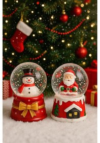 Resim 2 Adet Led Işıklı Mini Kar Küresi 6,5 Cm Noel Baba & Kardan Adam Dekoratif Işıklı Biblo 