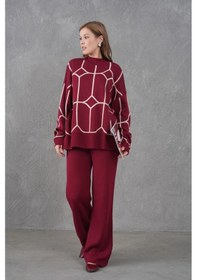 Resim Park Karon Kadın Dik Yaka Desenli Oversize Kazak Pantolon Triko Alt-üst Takım Bordo 