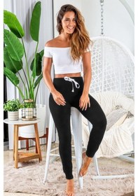 Resim Sidelya Concept Kadın Kısa Kollu Madonna Yaka Viskon Crop Bluz Cepli Iki Iplik Eşofman Takım Siyah 