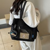 Resim Unisex Büyük Kapasiteli Tote Çantası, Şeffaf Cebi ile Kore Tarzı Rahat Çapraz Çanta, Çoklu Cep Kitap Çantası, Madeni Para Cüzdanı ile Orta Boy Mesaj Çantası, Fermuar Kapanışı, Polyester Astarlı 