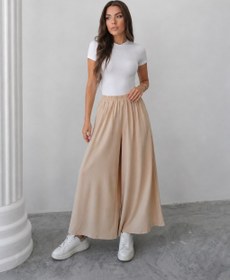 Resim Beli Lastikli Geniş Kesim Kloş Double Krep Pantolon Etek 5187 - Açık Bej - Açık Bej / L-XL 