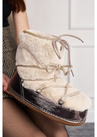 Resim Günlük Kadın Kar Botu Kürklü Bağcıklı Anne Kız Rahat Astarlı Kalın Taban 327 Bej 