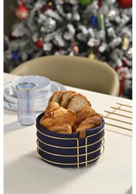 Resim Altın Yuvarlak Ekmek Sepeti Şık,ekmeklik Lacivert Hasır Örmeli Makrome-çok Amaçlı Metal Paslanmaz Altın 