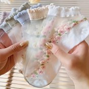Resim 7 Çift Kadın Çiçek Desenli Diz Dikişli Çorap, Yaz İnce Kristal Cam, Örgü Polyester Karışımı (65% Polyester, 30% Poliamid, 5% Elastane), Makine Yıkanabilir, 210gsm - Bayanlar İçin Sevimli Kısa Çoraplar 