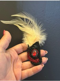 Resim Kuş Tüğlü Boncuk İşleme Broş Yaka Giyim Aksesuarı Yaka İğnesi 14 x 4 CM Pudra 