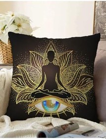 Resim RealHomes Altın Motifli Yoga Ve Mavi Göz Desenli Özel Tasarım Çift Taraflı Dijital Baskılı Raşel Yastık Kılıfı, Sonil-K5041-43x43cm 