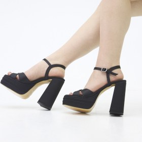 Resim Genel Markalar SİYAH SATENÇAPRAZ BANT ARKASI AÇIK ÇİFT PLATFORM ABİYE AYAKKABI 12CM 