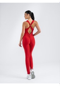 Resim Lismina Kelebek Askılı Arkası Büzgülü Scrunch Butt Spor Tayt Tulum Kırmızı 