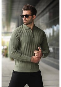 Resim Madmext Haki Yarım Fermuarlı Polo Yaka Triko Kazak E7426 Haki 