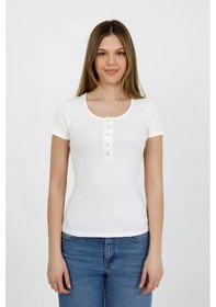Resim Hdm Kadın Esnek Fitilli Yakası Çıtçıtlı Ekru Kısa Kol Basic Örme Bluz - H5993 