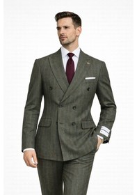 Resim Fabıo Cassel Çizgili Kruvaze Erkek Takım Elbise Slim Fit Fıstık Yeşili 