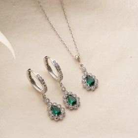 Resim Vaoov 925 Ayar Gümüş Yeşil Damla Taşlı Set Gold 