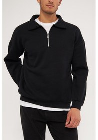 Resim Ghassy Co. Erkek Polo Yaka Oversize Yarım Fermuarlı Sweatshirt 001 Siyah 