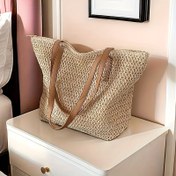 Resim Geniş Kapasiteli Kadınlar İçin Dokuma Çanta - Kahve & Beyaz/Siyah, Dayanıklı Polyester Fermuarlı, Rahat Tutma Kulplu, Geniş Plaj Çantası, Alışveriş ve Seyahat için Doğal Dokuma Desenli Tekstürlü Tasarım 