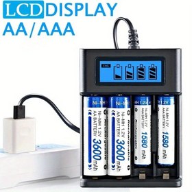 Resim AA/AAA için LCD Ekranlı 4 Yuvalı USB Şarj Edilebilir Pil Şarj Cihazı - Kompakt & Taşınabilir 