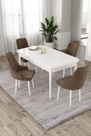 Resim Canisa Eta Serisi 80x132 Mdf Beyaz Açılabilir Masa 4 Kahve Sandalye Mutfak Masası Takımı 