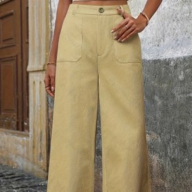 Resim Kadınların Yüksek Bel Yeşil Geniş Bacaklı Pantolonları Cep Detaylı - Bahar/Yaz/Sonbahar için Rahat Polyester Kumaşlı, Gündelik Zip Detaylı Pantolon, Günlük Kullanım veya Dışarı Çıkma İçin Mükemmel, Bayanlar Pantolonu 