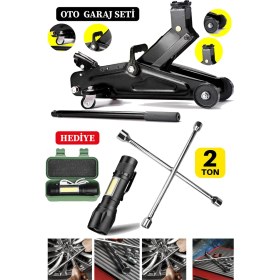 Resim PremiumPort 2 Ton Kapasiteli Tekerlekli Hidrolik Kriko ve Çelik Bijon Seti ile El Feneri Hediye 