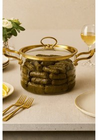 Resim 3,5 Lt Altın Kapaklı Ve Kulplu Isıya Dayanıklı Tencere Ölçülü Borosilikat Cam Tencere Şeffaf 