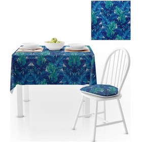 Resim Yaprak Desenli Beyaz Zemin Mavi Yapraklı Dijital Baskılı Petek Dokuma Masa Örtüsü 140x140 