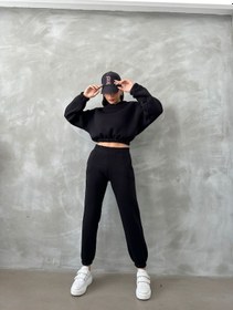 Resim Kadın Pamuklu İçi Polarlı Basic Eşofman Takımı Siyah 