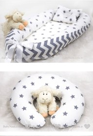 Resim Yatak + Ortopedik Yastik + Emzirme Yastigi Gri Yildiz Ve Gri Zikzak Uc Urun Bir Arada 