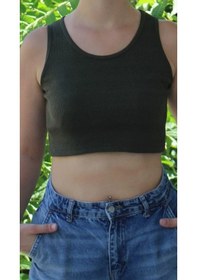 Resim Kadın Koyu Yeşil Basic Ribana Atlet Crop Likralı Spor Üst Koyu Yeşil 