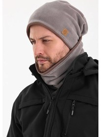 Resim Erkek Polar Dış Kaşkorse Pamuklu İç Kısım Çift Renk Çift Katman Katlanabilir Bere Boyunluk Takım - Standart / Gri-kahverengi Gri-kahverengi 