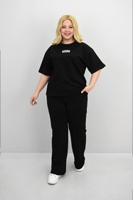 Resim Kadın Büyük Beden Kısa Kollu Etiket Detaylı Bol Paça Eşofman Takımı 8196-25 - XL / Mürdüm 