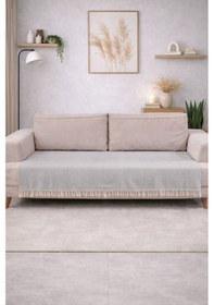 Resim Pamuklu Koltuk Örtüsü 115x200 Cm Çekyat Ve Kanepeler İçin Koruyucu Önden Saçaklı Dekoratif Kaymaz Açık Gri 