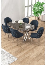 Resim Canisa Zae Serisi 90x168 Lak Panel Antrasit Ironi Krom Ayak Masa Takımı 6 Antrasit Sandalye Siyah Mermer Desen Masa Sandalyeler Antrasit 