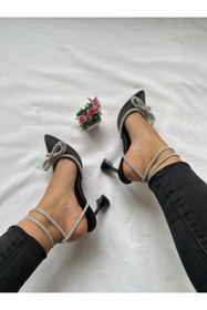 Resim Gamze Shoes Siyah Renk Saten Bilekten Bağlama Fiyonk Taşlı 