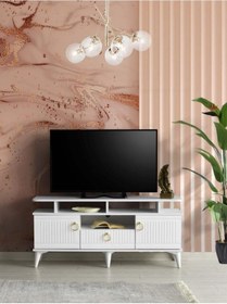 Resim 130 CM MDF MEBRAN KAPAK RAFLI TV SEHPASI BEYAZ 