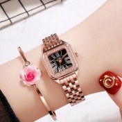 Resim Hanyang Gül Altın Kasa Siyah Yeni Moda Taklidi Kare Kadran Saatler Kadınlar Lüks Marka Paslanmaz Çelik Bilezik Saatler Bayanlar Kuvars Elbise Montre Femme (Yurt Dışından) 