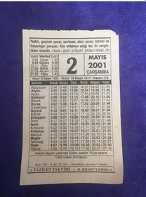 Resim 2 Mayıs 2001 Takvim Yaprağı - Nostalji Koleksiyonluk Takvim Yaprağı 