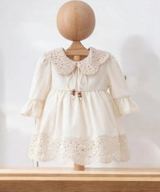 Resim Zekids Kız Bebek Yaka Ve Etek Ucu Motif Detaylı Keten Elbise-14127 Bej 